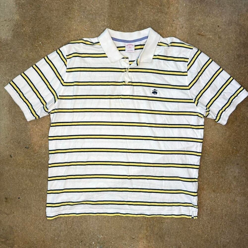 Brooks Brothers 346 Polo Shirt Mens XL White Yellow Navy Striped Cotton Preppy
